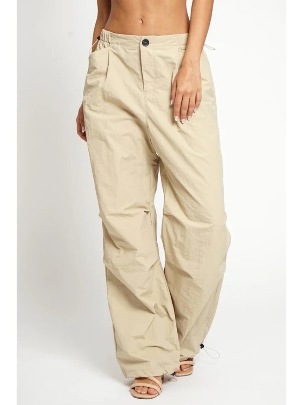Sans Souci Nylon Elastic Pants Small Khaki Lightweight Drawcords Parachute NEW